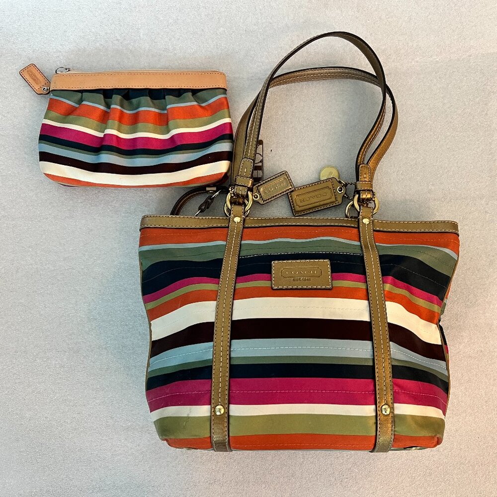 Coach Legacy Multicolor Striped Sateen Purse Tote Bag Leather Double Handles
